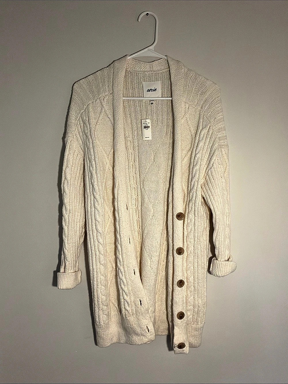 Aerie Cable Knit Button Cardigan Cream XS
